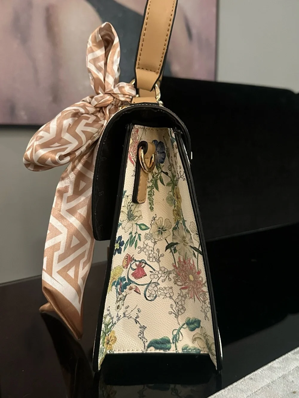 Aldo Floral Print Satchel with Tan Silk Scarf Accent